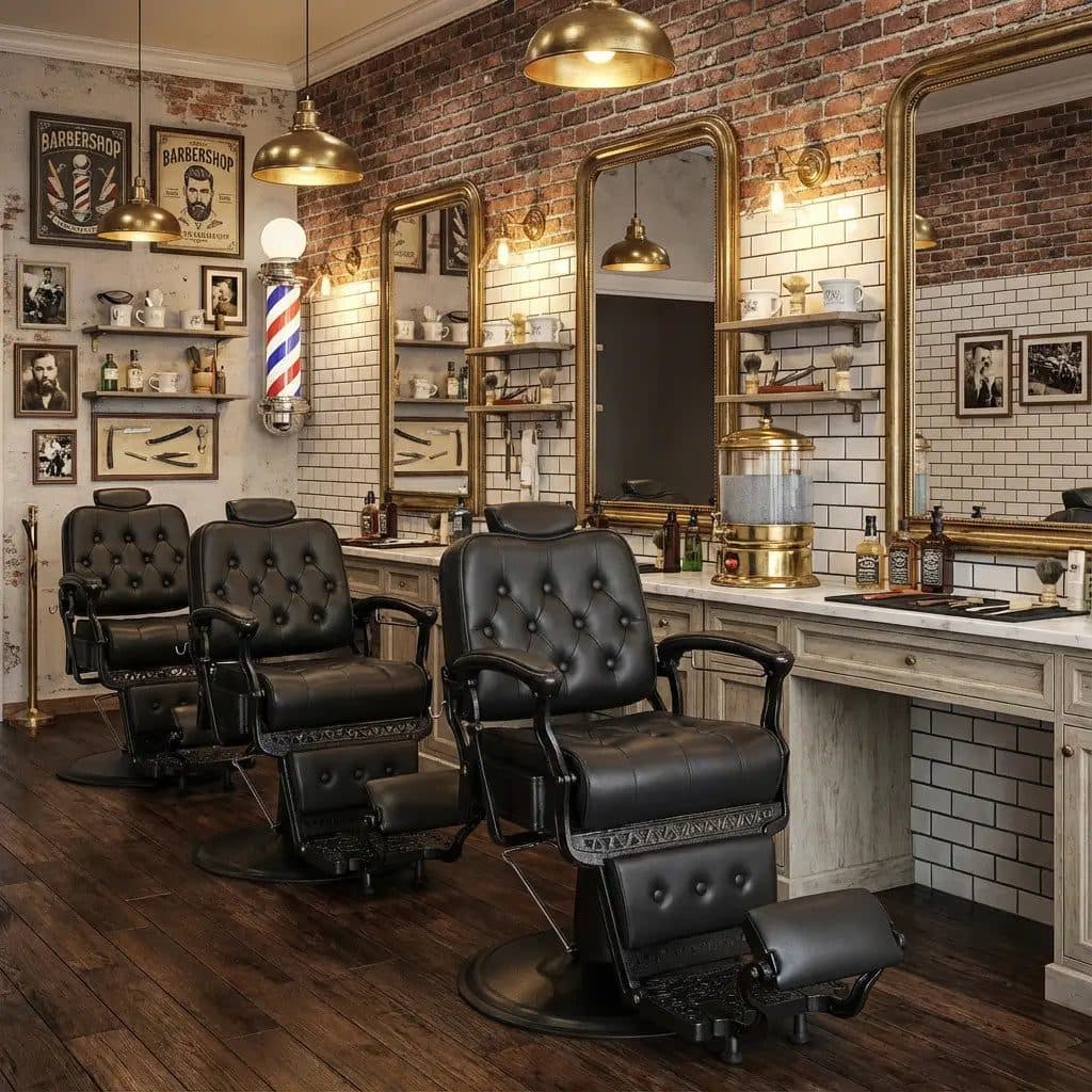 Inside the shop, chairs lined up along a warm brick wall
